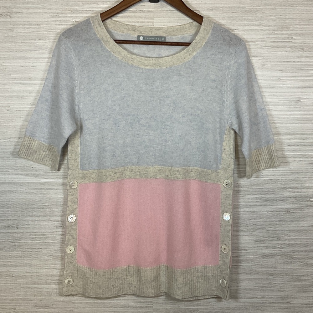In Cashmere Elbow Short Sleeve Colorblock Button Side Sweater Pink Blue Grey Med